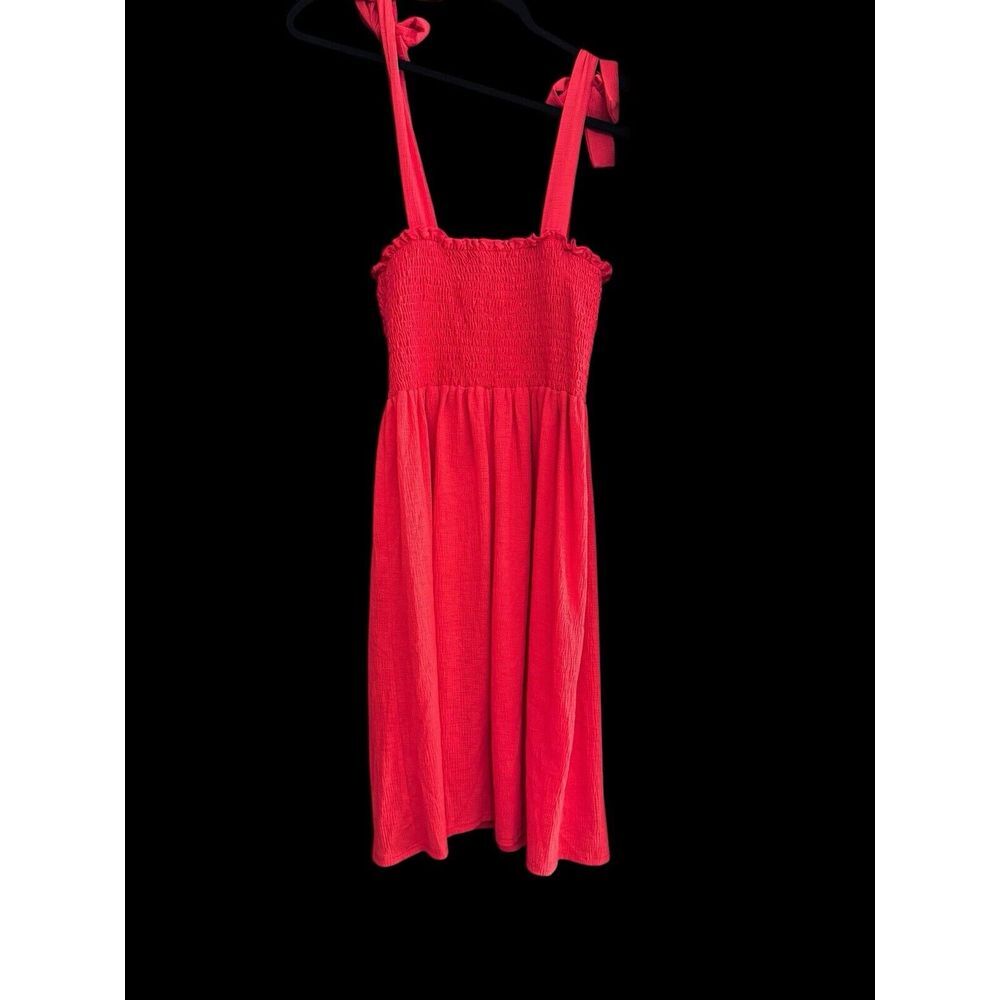 Red Midi Dress Smocked Bodice‎ Tie Strap Sleeveless Casual Sundress